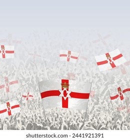 Crowd of people waving flag of Northern Ireland square graphic for social media and news. Vector illustration.