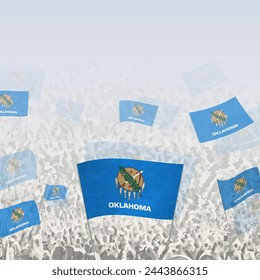 Crowd of people waving flag of Oklahoma square graphic for social media and news. Vector illustration.