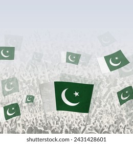 Crowd of people waving flag of Pakistan square graphic for social media and news. Vector illustration.