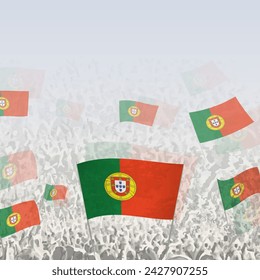 Crowd of people waving flag of Portugal square graphic for social media and news. Vector illustration.