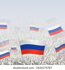 Crowd of people waving flag of Russia square graphic for social media and news. Vector illustration.