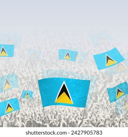 Crowd of people waving flag of Saint Lucia square graphic for social media and news. Vector illustration.