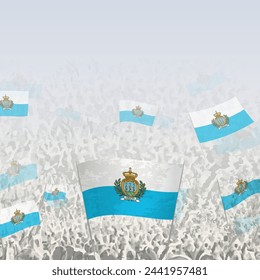 Crowd of people waving flag of San Marino square graphic for social media and news. Vector illustration.