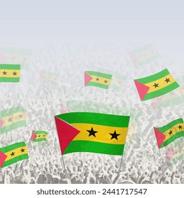 Crowd of people waving flag of Sao Tome and Principe square graphic for social media and news. Vector illustration.