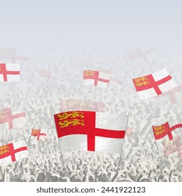 Crowd of people waving flag of Sark square graphic for social media and news. Vector illustration.