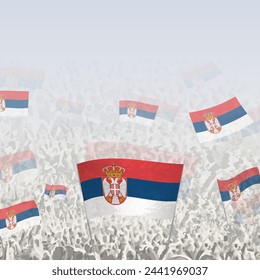 Crowd of people waving flag of Serbia square graphic for social media and news. Vector illustration.