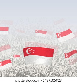 Crowd of people waving flag of Singapore square graphic for social media and news. Vector illustration.
