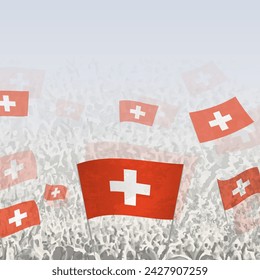 Crowd of people waving flag of Switzerland square graphic for social media and news. Vector illustration.