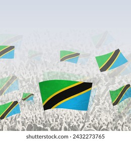 Crowd of people waving flag of Tanzania square graphic for social media and news. Vector illustration.