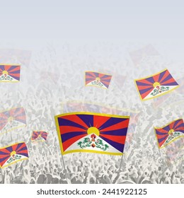 Crowd of people waving flag of Tibet square graphic for social media and news. Vector illustration.