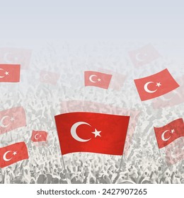Crowd of people waving flag of Turkey square graphic for social media and news. Vector illustration.