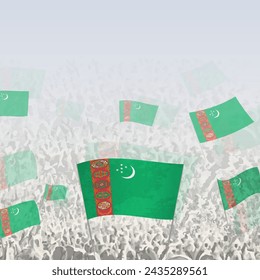 Crowd of people waving flag of Turkmenistan square graphic for social media and news. Vector illustration.