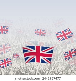 Crowd of people waving flag of United Kingdom square graphic for social media and news. Vector illustration.