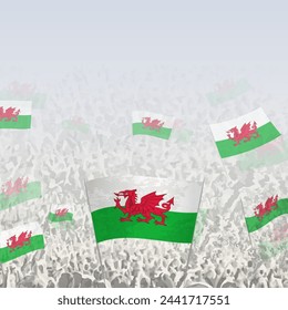 Crowd of people waving flag of Wales square graphic for social media and news. Vector illustration.