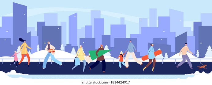 Crowd people wear winter cloth. Winter city street, man woman shopping, walking and go to work. Cold weather, season holidays in town vector illustration