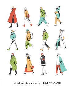 Crowd of people wearing face masks. Men, women use virus preventive measures. Infected persons among healthy. Coronavirus pandemic, epidemic disease. Colorful illustration in flat line style