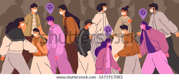 Crowd of people wearing face masks. Men, women,\
teens use virus preventive measures. Infected persons among\
healthy. Coronavirus pandemic, epidemic disease. Colorful\
illustration in flat cartoon\
style