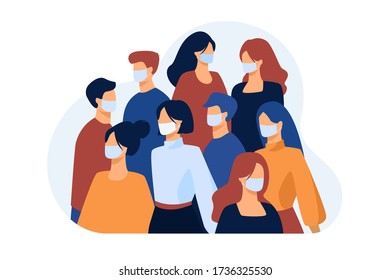 Crowd of people wearing face medical masks outside. Infection spread prevention in society. Vector illustration for coronavirus outbreak, safety, quarantine, disease concept