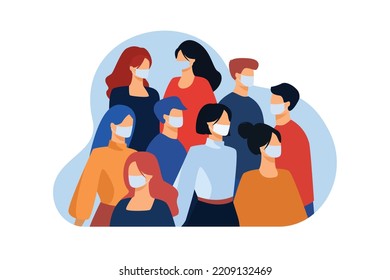 Crowd of people wearing face medical masks Illustration