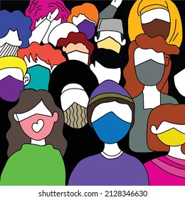 crowd of people wearing masks of various skin tones and religions. pandemic illustration