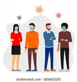 a crowd of people wearing masks and a virus icon on it