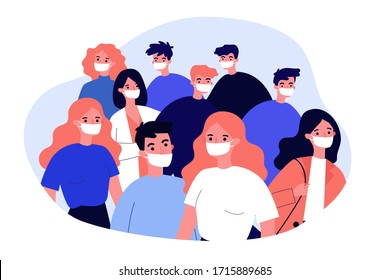 Crowd of people wearing medical face masks. Men and women protecting themselves from corona virus. Vector illustration for quarantine, safety, disease, outbreak concept