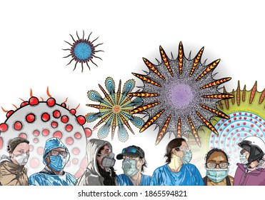 Crowd of people wearing medical mask. Background of mutated coronavirus Covid 19. Preventive measures from pneumonia outbreak and need of vaccine. Respiratory disease epidemic, virus spread. Vector.