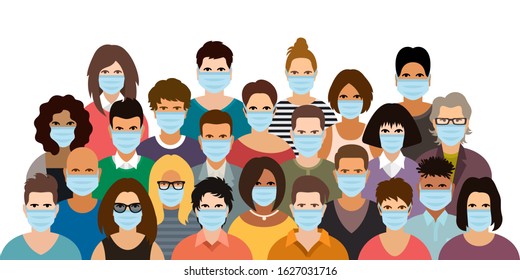 Crowd of people wearing medical masks. Virus protection vector poster.