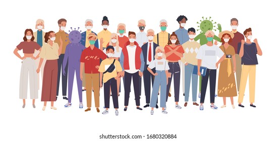Crowd of people wearing medical masks protecting themselves from the virus. Coronavirus epidemic. Vector illustration in a flat style