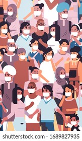 crowd of people wearing medical masks novel coronavirus 2019-nCoV epidemic disease pandemic quarantine concept men women standing together portrait vertical vector illustration