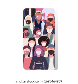 crowd of people wearing medical masks coronavirus 2019-nCoV epidemic disease pandemic quarantine concept mix race men women standing together smartphone screen vector illustration
