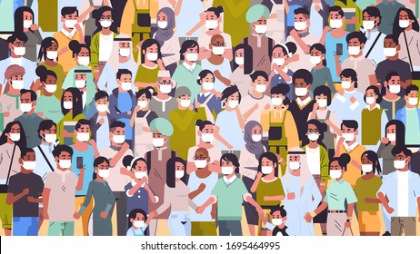 crowd of people wearing medical masks novel coronavirus 2019-nCoV epidemic disease pandemic quarantine concept men women standing together portrait horizontal vector illustration