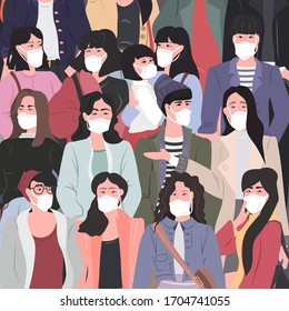 crowd of people wearing medical masks coronavirus 2019-nCoV epidemic disease pandemic quarantine concept men women standing together vector illustration