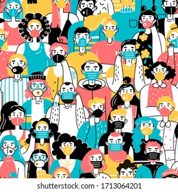 Crowd of people wearing medical masks protecting themselves from the virus. Seamless pattern. Coronavirus concept 
