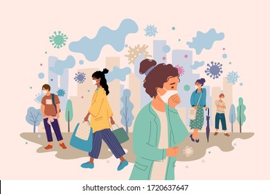 Crowd of people wearing medical masks in city. Preventive measures, human protection from pneumonia outbreak. Coronavirus epidemic concept. Respiratory disease, virus spread. Vector illustration