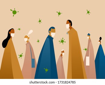 Crowd of people wearing medical masks protecting themselves from the virus. Coronavirus epidemic concept. Vector illustration in a flat style