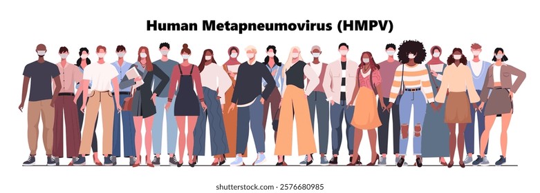 Crowd of people wearing medical masks banner. Preventive measures, human protection from Human metapneumovirus (HMPV) outbreak. Vector illustration. Not AI generated