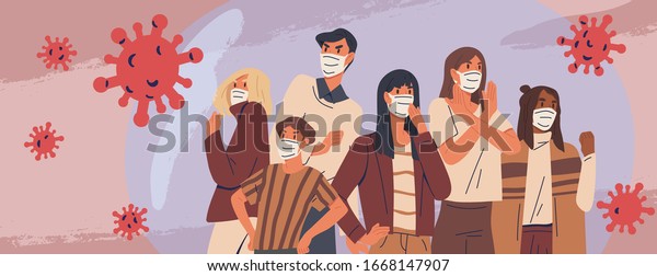 Crowd of people wearing medical masks\
banner. Preventive measures, human protection from pneumonia\
outbreak. Coronavirus epidemic concept. Respiratory disease, virus\
spread. Vector\
illustration