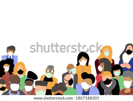 crowd of people wearing protective face mask against pandemic covid-19, border design, rectangular template with free space for text, vector illustration flat design
