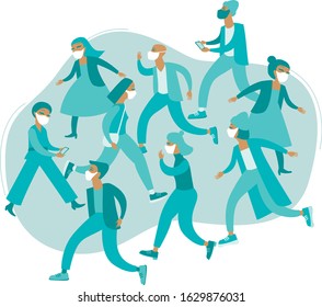 Crowd of people wearing protective medical masks.  COVID-19 coronavirus pandemia  concept. flat vector illustration