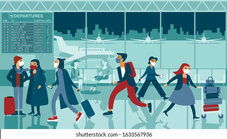 Crowd of people wearing protective medical masks in the airport. COVID-19 coronavirus outbreak in Europe  concept. flat vector illustration