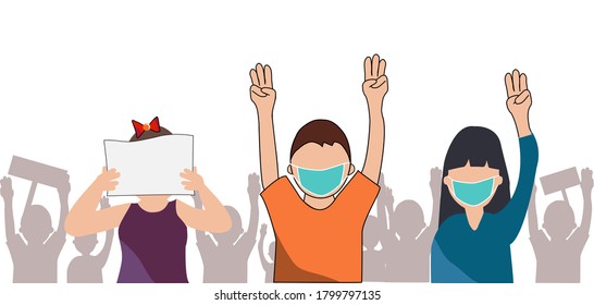 Crowd of people wearing surgical face mask show 3 fingers protesting. Protest, outcry, deprecation concept. Cartoon vector illustration