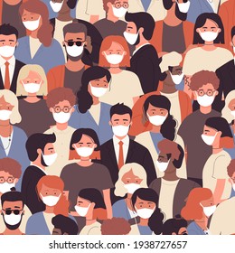 Crowd of people in white medical face mask vector illustration. Cartoon quarantine protection concept, man woman character standing together, wearing surgical mask seamless pattern
