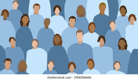 A crowd of people who do not observe social distance, with light and dark skin, who have united in one place with brown and blond hair, as well as multi-colored clothes in blue shades,