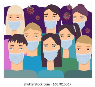 The crowd of people, who wear medical masks to prevent themselves from viruses and air pollution. Can be used for medical and advertising materials, posters, banners. Stock vector white isolated.