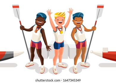 Crowd of persons celebrate  games athletics medal. Sportive people celebrating canoeing team. Canoeist athlete symbol victory celebration. Sports cartoon symbolic flat vector illustration
