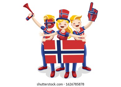 Crowd of persons celebrate national day of Norway with a flag. Norwegian people celebrating a football team. Soccer symbol and victory celebration. Sports cartoon symbolic flat vector illustration