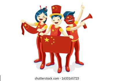Crowd of persons celebrate national day of China with a flag. Chinese people celebrating a football team. Soccer symbol and victory celebration. Sports cartoon symbolic flat vector illustration