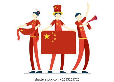 Crowd of persons celebrate national day of China with a flag. Chinese people celebrating a football team. Soccer symbol and victory celebration. Sports cartoon symbolic flat vector illustration