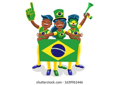 Crowd of persons celebrate national day of Brazil with a flag. Brazilian people celebrating a football team. Soccer symbol and victory celebration. Sports cartoon symbolic flat vector illustration